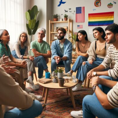 DALL E 2024 08 20 20 46 55 A group of LGBTQ people engaged in a conversation about the USA Thumbnail